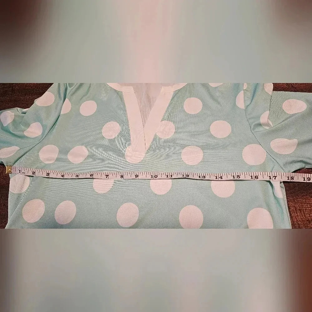 Lily by Firmiana Women's Green White Polkadot Long Sleeve V-Neck Blouse SZ M - Picture 10 of 12